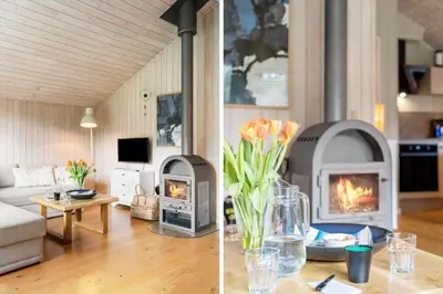 two pictures of a living room with a fireplace at BL1254-Pandrup-Rodhusparken-25 in Pandrup