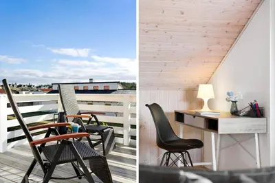 two pictures of chairs and a desk on a balcony at BL1251-Blokhus-Vigen-9-B in Blokhus