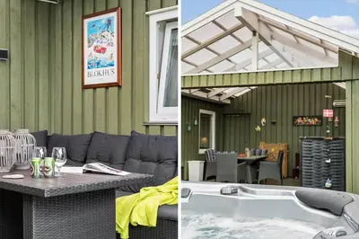 two pictures of a house with a tub and a table at BL1216-Blokhus-Gyvelvej-13 in Blokhus