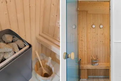 two pictures of a room with a door and a box of rocks at BL518-Blokhus-Ferren-Syd-86 in Blokhus