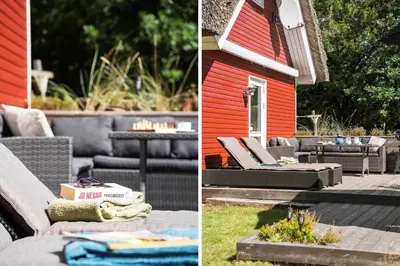 two pictures of a patio with couches and a table at BL238-Pandrup-Fyrregangen-18 in Pandrup