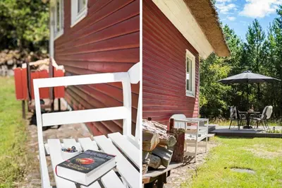 two pictures of a house with a bench and an umbrella at BL238-Pandrup-Fyrregangen-18 in Pandrup