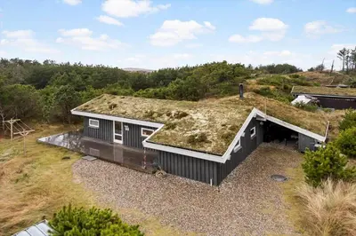 a black house with a grass roof on a hill at BL1263-Saltum-Ornebjergvej-25 in Saltum