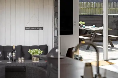 two pictures of a patio with a table and a television at BL1573-Blokhus-Soren-Tjenersvej-3 in Blokhus