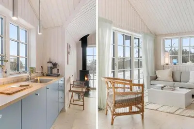 two images of a kitchen and a living room at BL1324-Blokhus-Pirupshvarrevej-101 in Blokhus