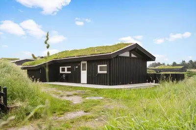a black house with a grass roof on a field at BL203-Saltum-Karen-Mariesvej-67 in Saltum