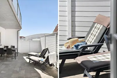 two pictures of a patio with a chair and a table at BL1520-Blokhus-Klitgaardsvej-3-B in Blokhus