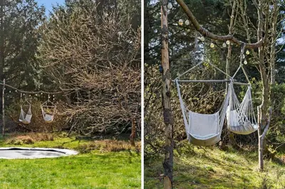two pictures of a hammock hanging from a tree at BL1328-Saltum-Kvanbaekvej-33 in Saltum