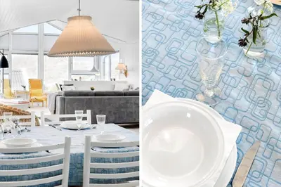 two pictures of a living room and a dining room at BL1483-Blokhus-Ved-Skoven-25 in Blokhus