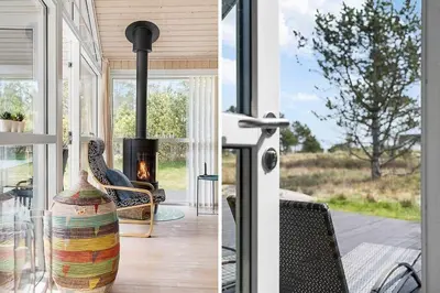 two pictures of a porch with a fireplace and a vase at BL1262-Pandrup-Hunetorp-Klitvej-5 in Pandrup