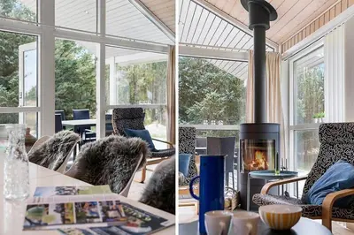 two pictures of a living room with a fireplace at BL1262-Pandrup-Hunetorp-Klitvej-5 in Pandrup