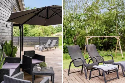 two pictures of a patio with chairs and an umbrella at BL191-Blokhus-Bloksbjerg-13 in Blokhus