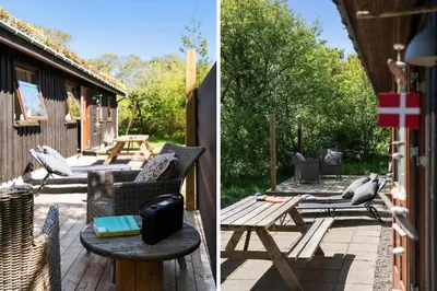 a patio with a picnic table and a bird sitting on it at BL245-Pandrup-Bremersvej-4 in Pandrup