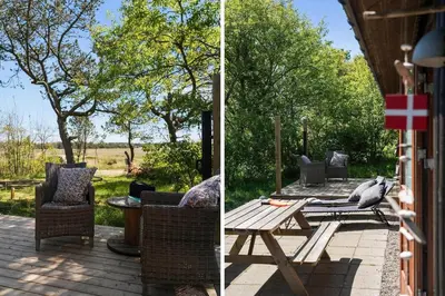 two pictures of a patio with a table and chairs at BL245-Pandrup-Bremersvej-4 in Pandrup