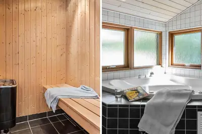 two pictures of a bathroom with a tub and a sink at BL455-Pandrup-Rodhus-Skolevej-52 in Pandrup