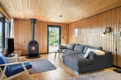 a living room with a couch and a fireplace at BL1208-Saltum-Tippen-10 in Saltum
