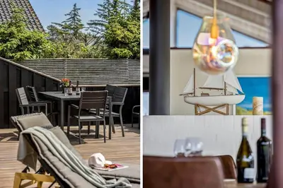 two pictures of a patio with a table and a boat at BL1102-Blokhus-Solbakkevej-17 in Blokhus