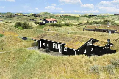 a couple of black buildings in a field at BL271-Blokhus-Taarnfalkevej-15 in Blokhus