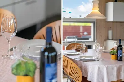 two pictures of a table with wine bottles and glasses at 600-Lemvig-Porsevej-115 in Lemvig