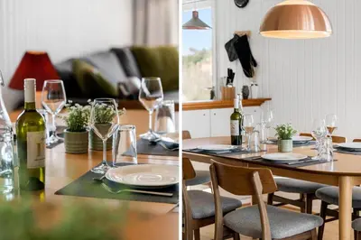 two pictures of a dining room table with wine glasses at 157-Harboore-Vejlby-Klit-65 in Harboør