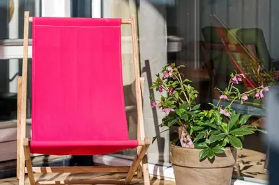 a red chair sitting next to two potted plants at 157-Harboore-Vejlby-Klit-65 in Harboør