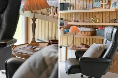 two pictures of a living room with a chair and a lamp at 202-Harboore-Viktoriavej-12-a in Harboør