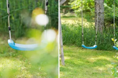 two pictures of a swing in a yard at 202-Harboore-Viktoriavej-12-a in Harboør