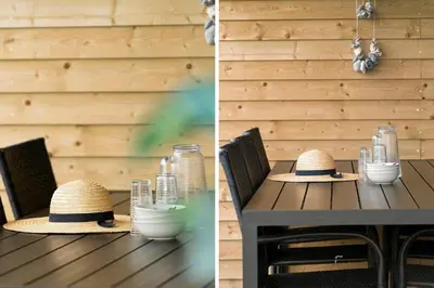 two pictures of a table with hats on it at 294-Harboore-Neerlandiavej-102 in Harboør
