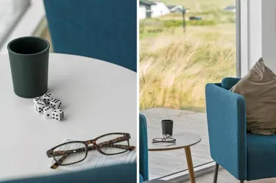 two pictures of a table with glasses and a blue chair at 360-Harboore-Alkajavej-11 in Harboør