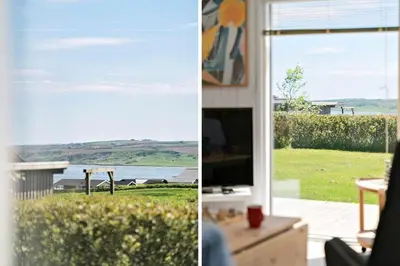 two pictures of a living room with a view of the ocean at G219-Lemvig-Skovstjernevej-19 in Lemvig
