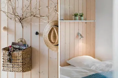 two pictures of a bedroom with a bed and a basket at G126-Lemvig-Bynkevej-26 in Lemvig