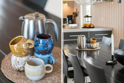 two pictures of a kitchen with a table with mugs at G126-Lemvig-Bynkevej-26 in Lemvig