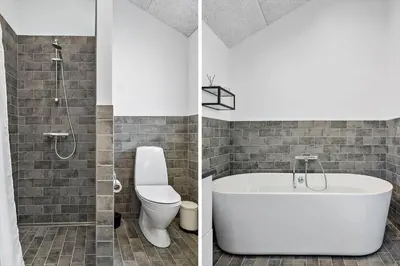 two pictures of a bathroom with a tub and a toilet at G509-Lemvig-Myntevej-9 in Lemvig