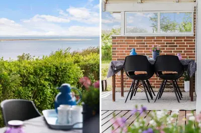 two pictures of a table with a view of the water at G192-Lemvig-Violvej-92 in Lemvig