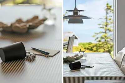 two pictures of a table with a camera and a lamp at G217-Lemvig-Violvej-17 in Lemvig