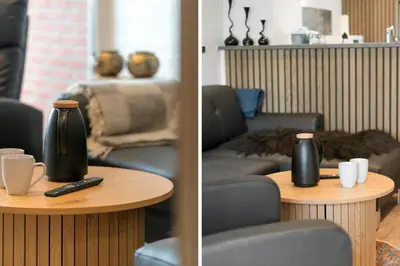 two pictures of a living room with a table and a couch at G261-Lemvig-Vinkelhagevej-161 in Lemvig