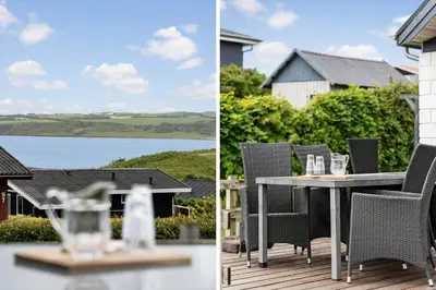 two pictures of a table and chairs on a deck at G193-Lemvig-Bellisvej-93 in Lemvig