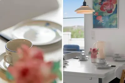 two pictures of a dining room table with a cup and plates at 323-Harboore-Skalvej-4-a in Harboør