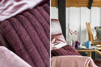 two pictures of a purple blanket and a table at 209-Harboore-Vejlby-Klit-291-A in Harboør