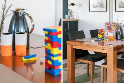 two pictures of a dining room table with legos at G120-Lemvig-Gyvelvej-20 in Lemvig
