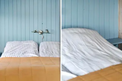 two pictures of a bed in a room at 134-Harboore-Karolinevej-8 in Harboør