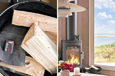a fireplace in a room with a view of the ocean at G180-Lemvig-Bellisvej-80 in Lemvig