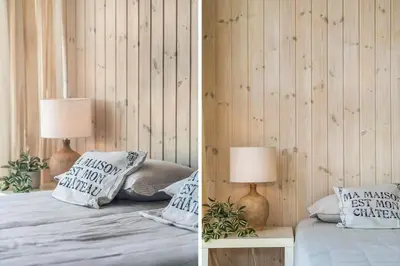 two pictures of a bedroom with a bed and a lamp at 801-Harboore-Vejlby-Klit-89 in Harboør