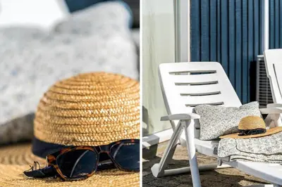 a straw hat and sunglasses sitting on a chair at 801-Harboore-Vejlby-Klit-89 in Harboør