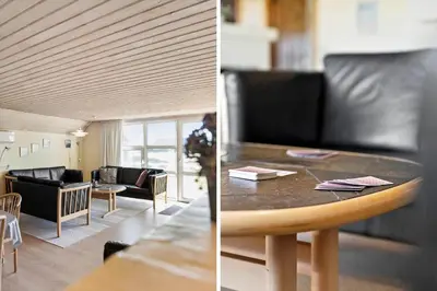 two pictures of a living room with a table and a couch at 377-Harboore-Fourmivej-56 in Harboør