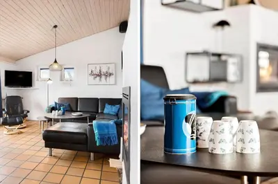 two pictures of a living room with a can on a table at 803-Harboore-Merchantvej-9-A in Harboør