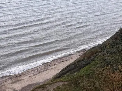 an aerial view of a beach next to the water at 8 person holiday home in Vinderup-By Traum in Vinderup
