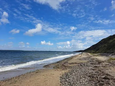 a beach with the ocean on a cloudy day at 6 person holiday home in Struer-By Traum in Struer