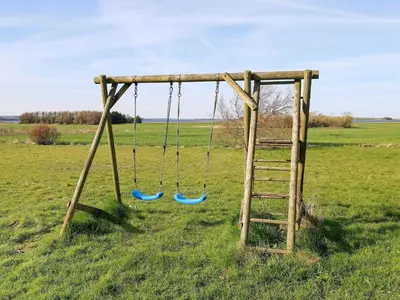 a swing in a field with two blue swings at Scenic Retreat in Boddum - By Traum Ferienwohnungen in Boddum