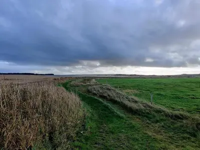 a field with a dirt road in the middle at 6 person holiday home in Lemvig-By Traum in Lemvig